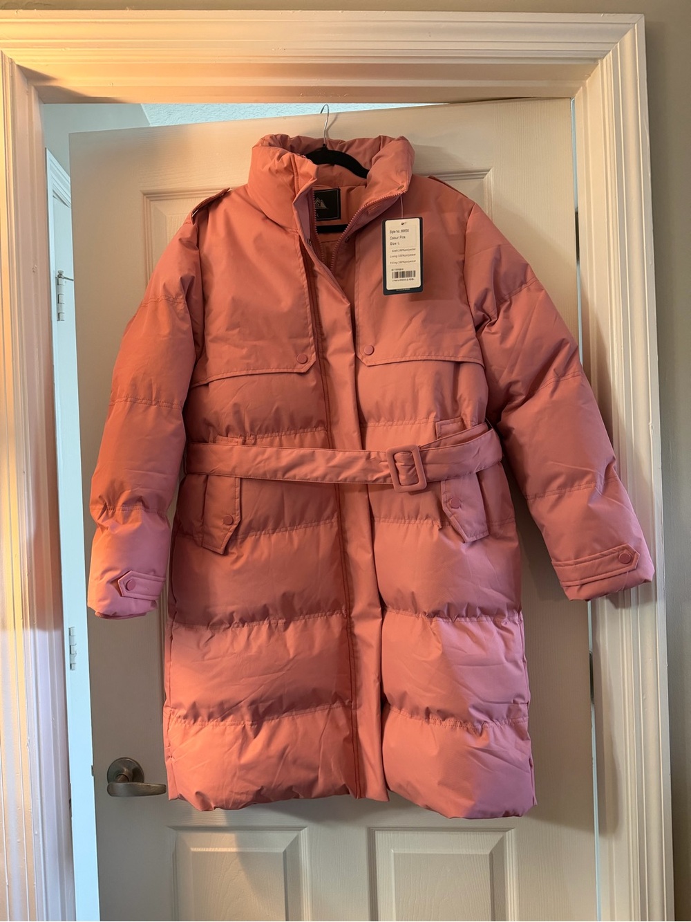 Women's Pink Belted Puffer Coat
